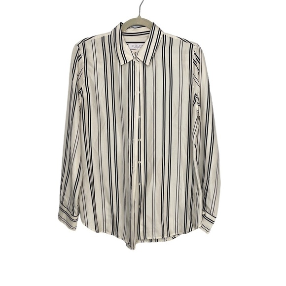 Everlane 100% Silk Blouse Black/White Stripes Classic Blouse Style Size 6 - Picture 1 of 10